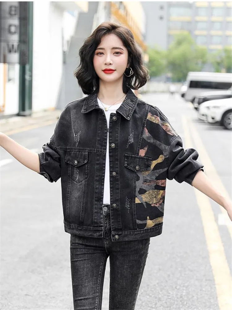 

Женская джинсовая куртка, Повседневная Свободная короткая куртка с принтом в Корейском стиле, весна-осень 2023