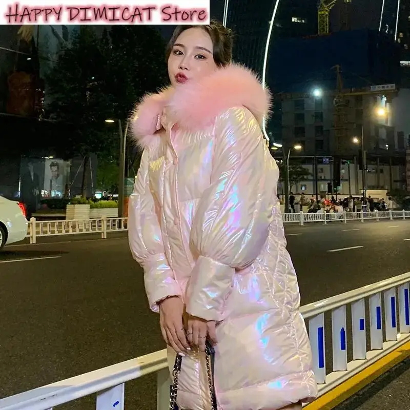 

Women's Down Cotton Parka Outwear New Winter Parkas Thicken Jacket Puffer Coat Glossy Warm Fur Collar Hooded Long Female