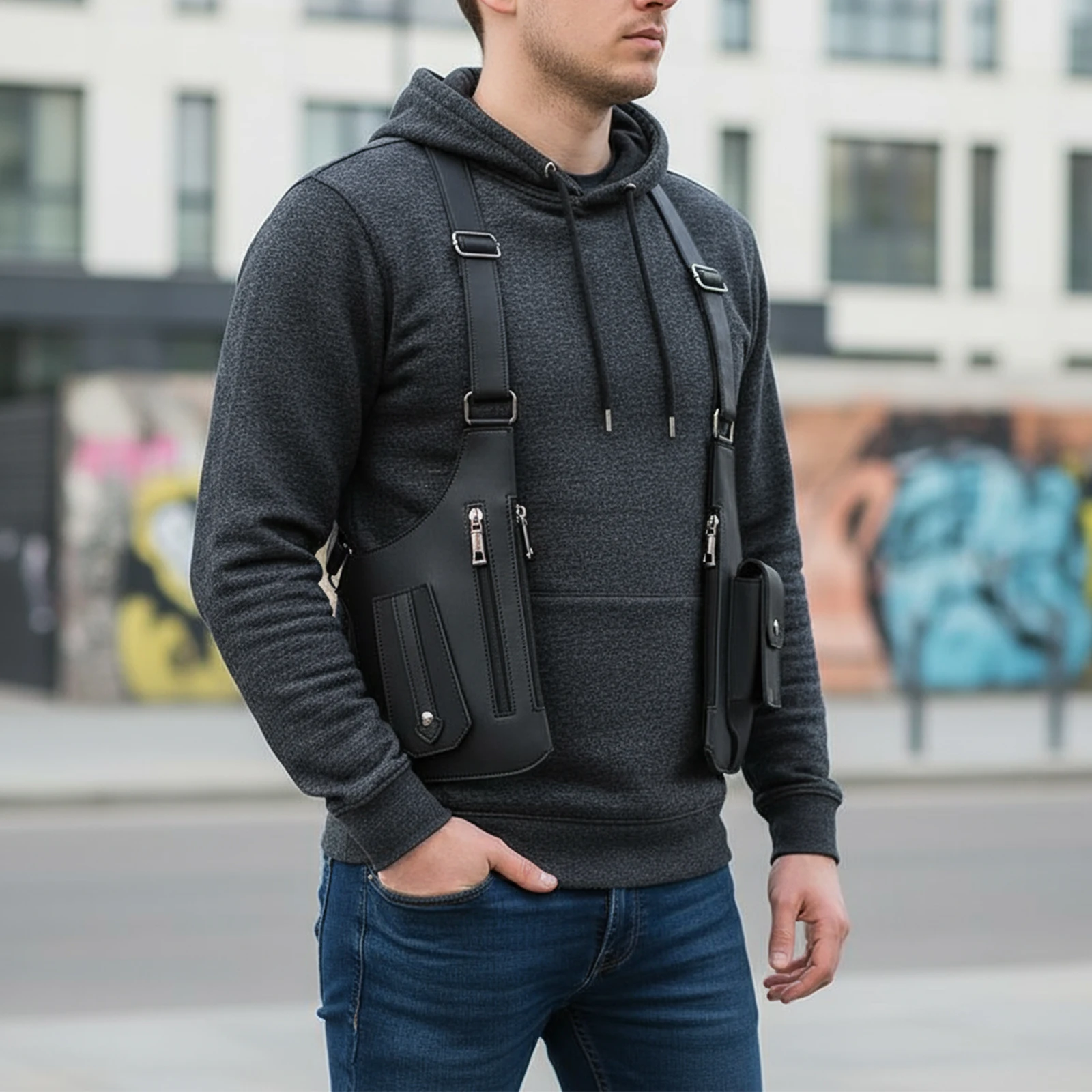 PU Leather Underarm Strap Wallet Pocket Multi-Pocket Underarm Shoulder Bag Anti-Theft Tactical Bag for Men Women Travel Outdoors