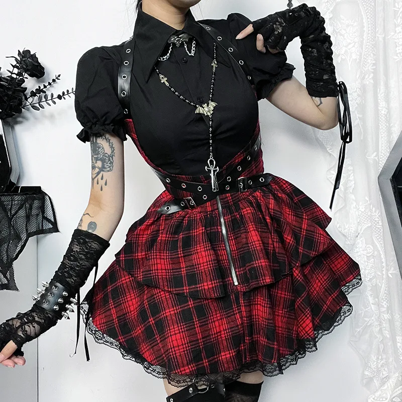 

Goth Dark Gothic Cosplay Plaid Halter Suspender Skirts Grunge Faux Pu Grommet Strap A-line Skirt Bandage Zip Up Lace Hem Dresses