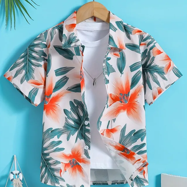 هاواي الشاطئ شجرة جوز الهند طباعة قميص للأولاد ، أعلى الإبداعية ، قصيرة الأكمام ، طية صدر السترة ، عارضة ، ملابس عطلة ، الصيف 2