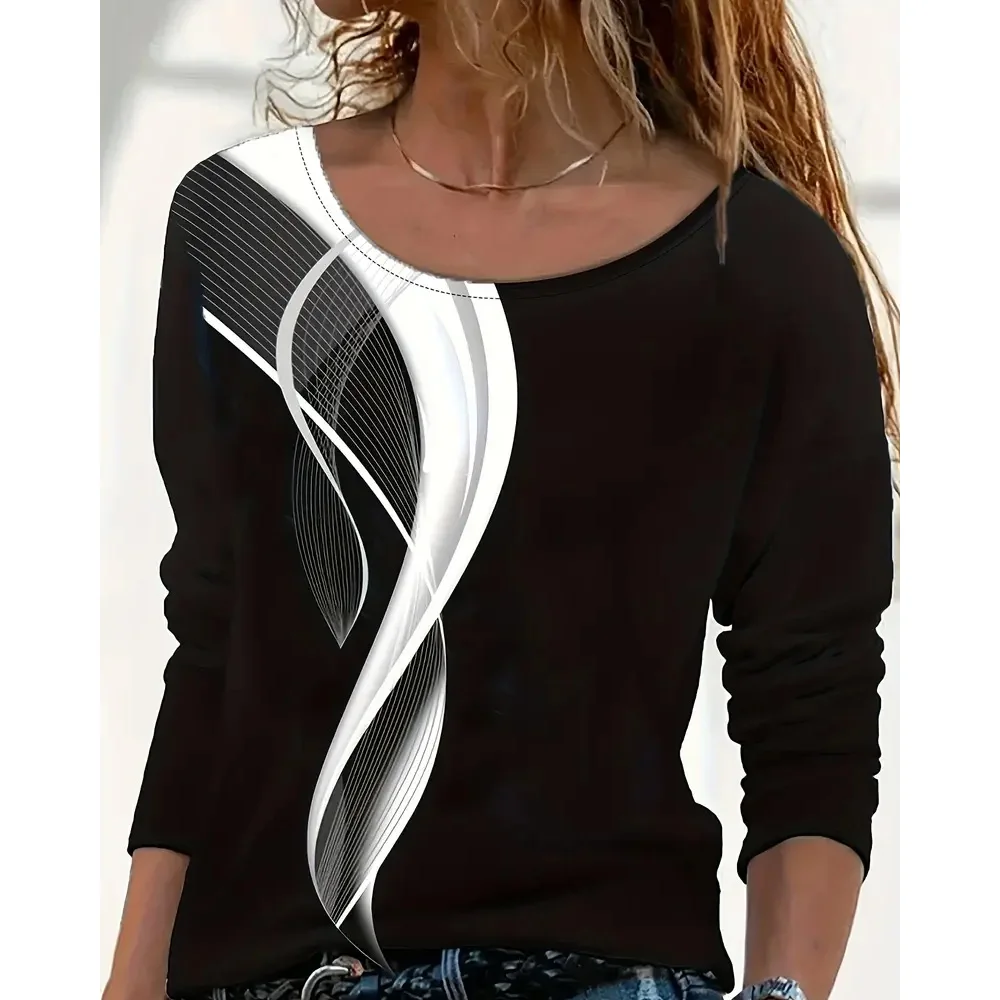 

Geo Print Simple T-shirt,Casual Crew Neck Long Sleeve T-shirt,Women's Clothing
