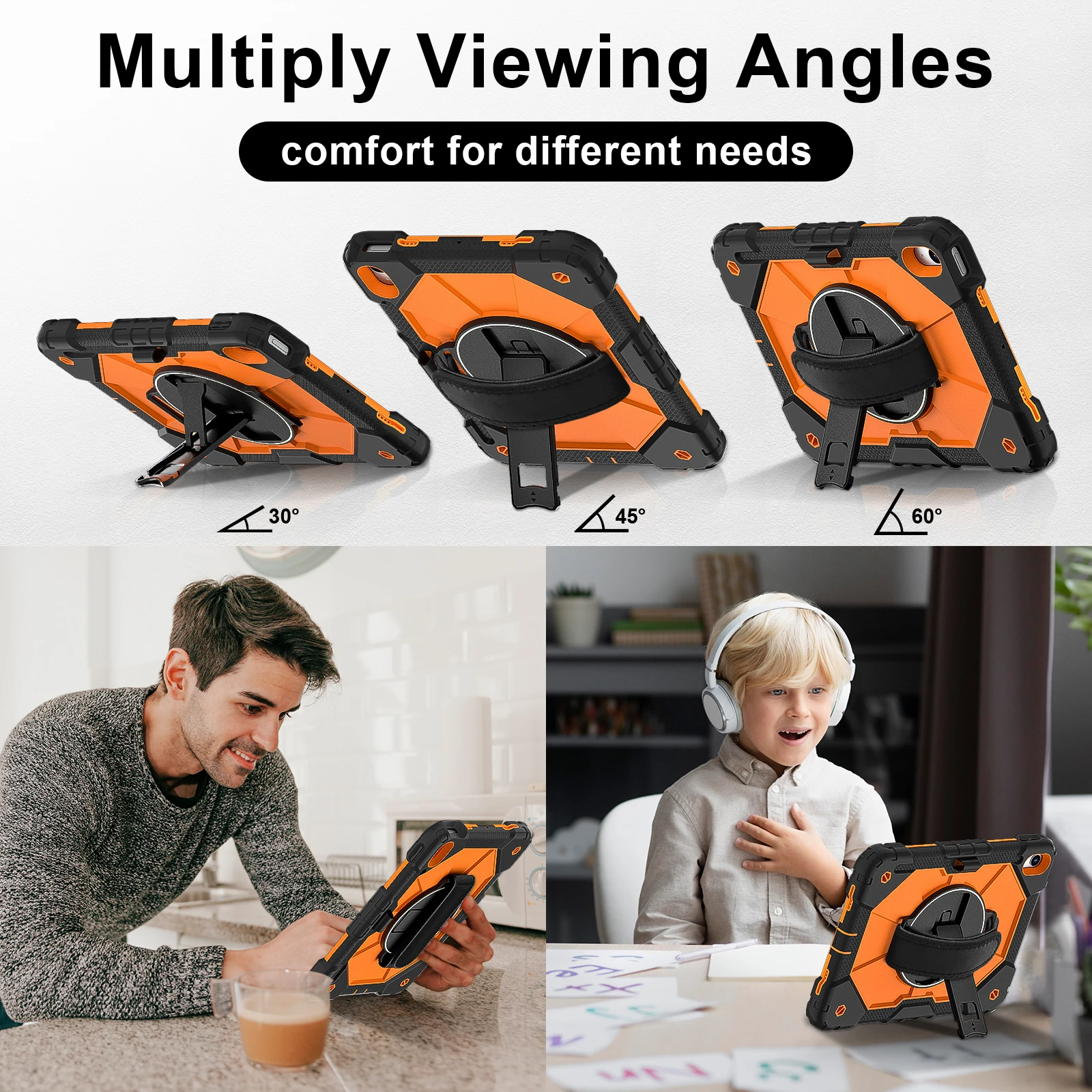 Kids Tablet Case with Hand Strap - 360° Rotatable Handle Stand, Shockproof Rugged Silicone Cover