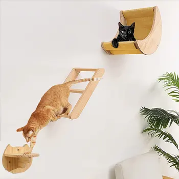 Cat Wall Climbing Shelves Moon Shaped and Perches Ladder Set Hammock Bed Solid Wood Steps For Activity Indoor Cats Accessories 1