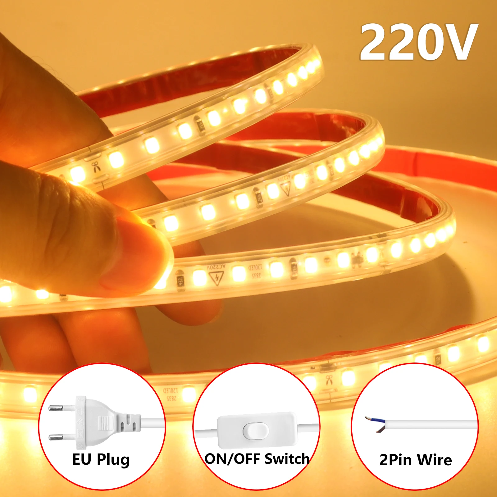 AC 220V 230V 2835 LED 스트립 라이트 방수 120LEDs/m 플렉시블 테..