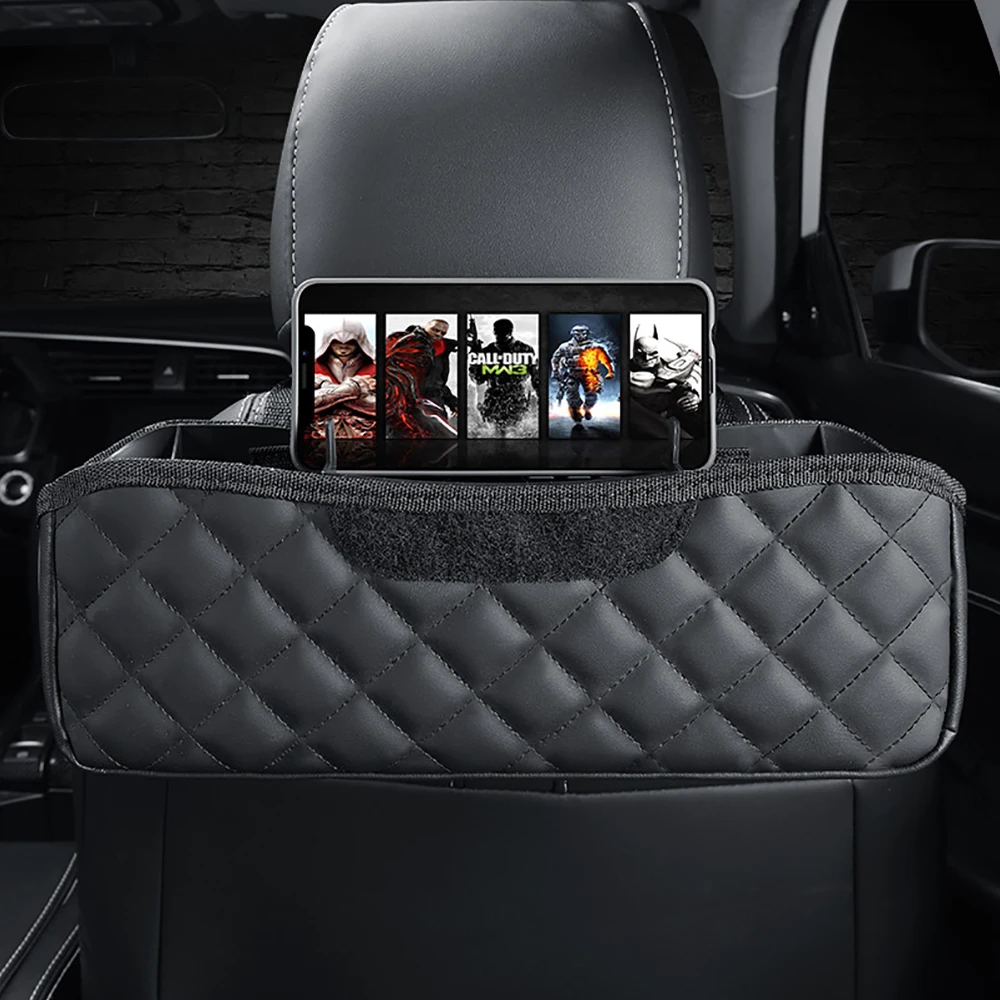 

Leather Car Headrest Backseat Organizer Headrest Hanging Storage Bag Car Backseat Organizer with Trash Can Tissue Storage