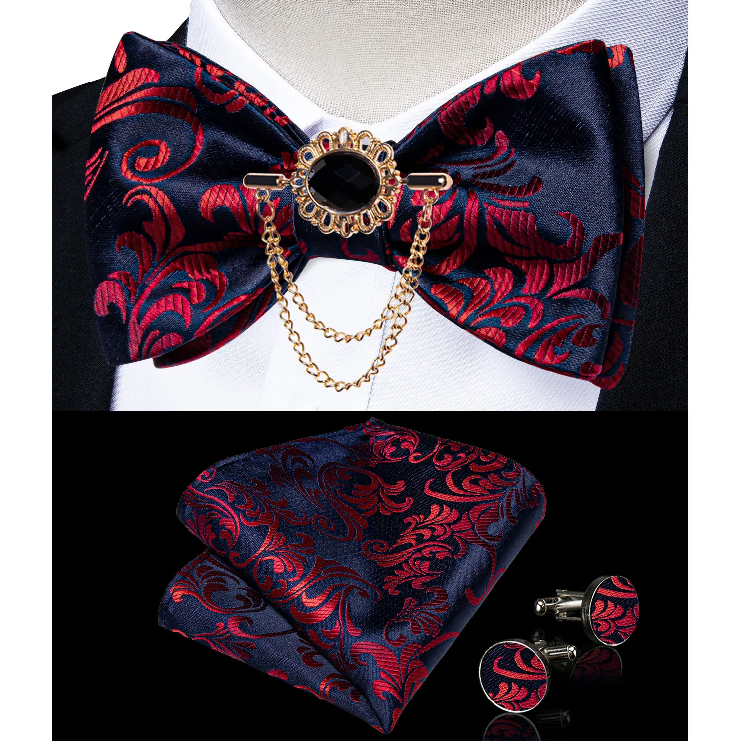 Exqusite Men's Self-tie Bowties Wedding Neck Ties For Man Accessories Cufflinks Hanky Brooch Set Red Black Yellow Blue Bowtie