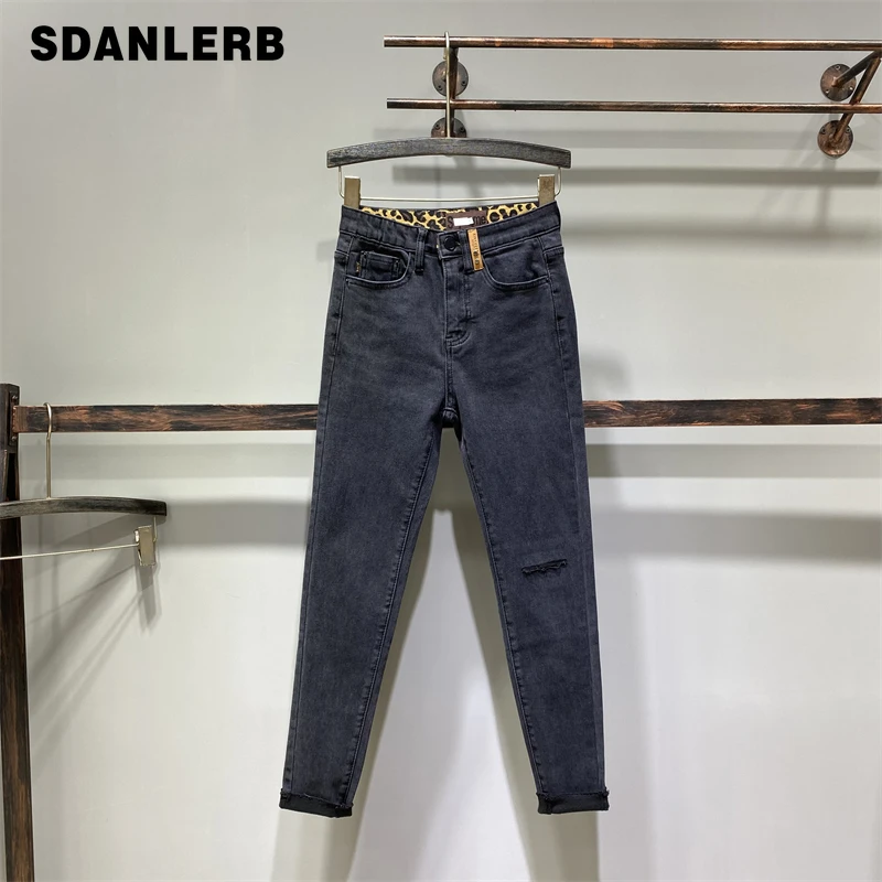 

2021 Winter New Fake Ripped Denim Pencil Pants Women's Fleece-Lined High Waist Long Jeans Slimming Black Skinny Pants