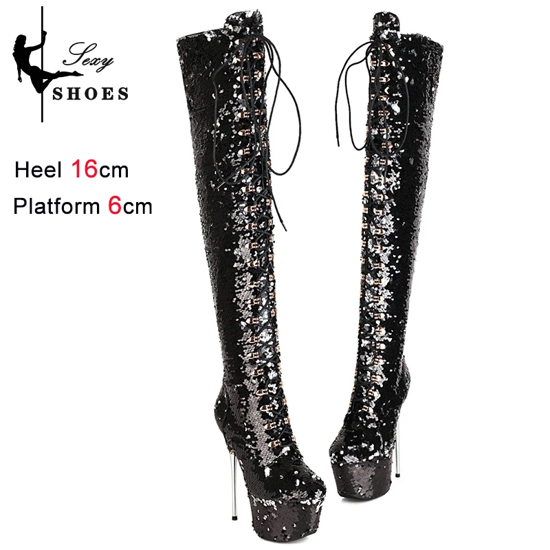 Pole Dancing Women Boots Bling Sequined Glitter Over-the-Knee Thigh Boots 16CM Thin High Heels Winter Short Plush Platform Shoes