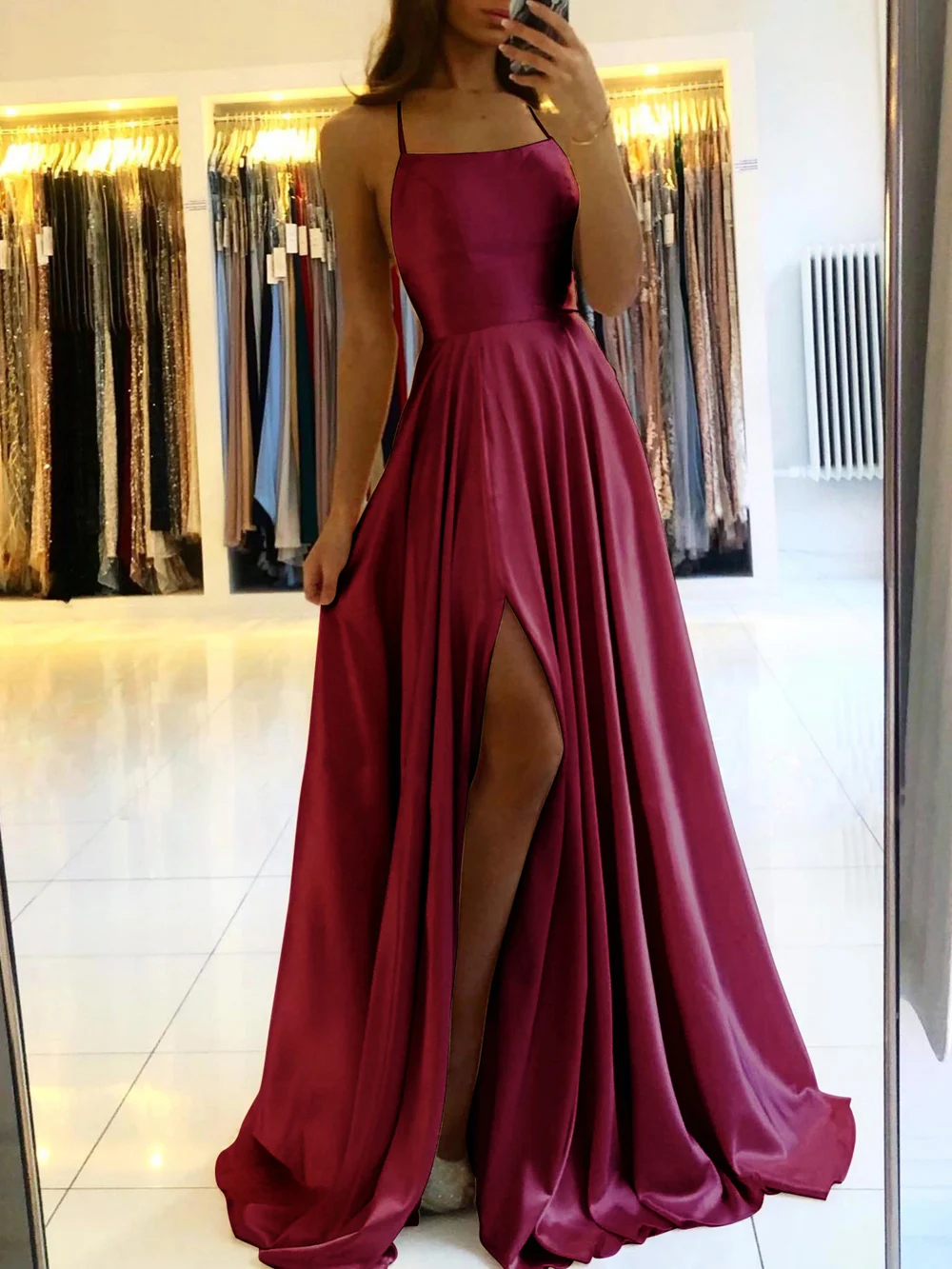Evening dresses Ladies A-line Long Satin Evening Dress Women Simple Spaghetti Straps Sexy Slit Wedding Prom Party Gowns