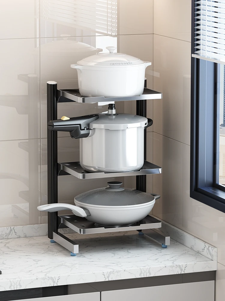 

Space aluminum high-end kitchen storage rack, multi-layer countertop pot rack, thickened household small pot, layered storage