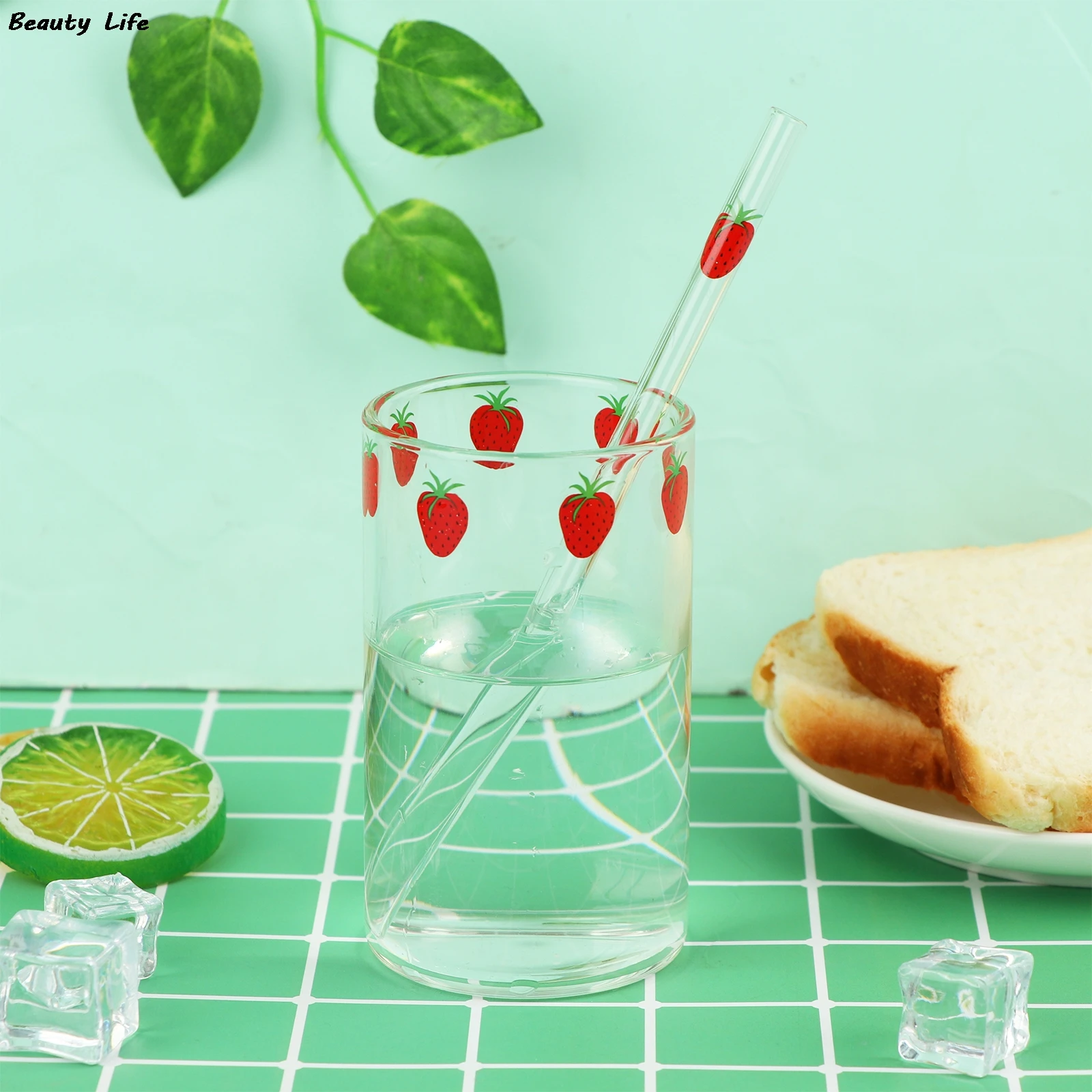 Kawaii Style Mugs Strawberry Glasses Cup Coffee Milk Water Glass Cups with Straws Clear Cute Juice Gifts for Girl Lady Set Ins glass measuring cup,glass cup,glass mug,coffee glass cup,heat resistant coffee glass cup,glass coffee mug,glass tea cup,glass tumbler,glass whiskey cup,glass straw cup