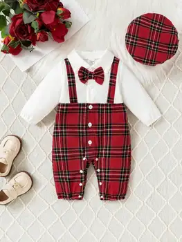 Gentleman Style Autumn Fashion 1-24m Baby Boys' Onesie Red Plaid Small Bow Tie Color Contrast Breasted Lapel Long-Sleeved Onesie 1