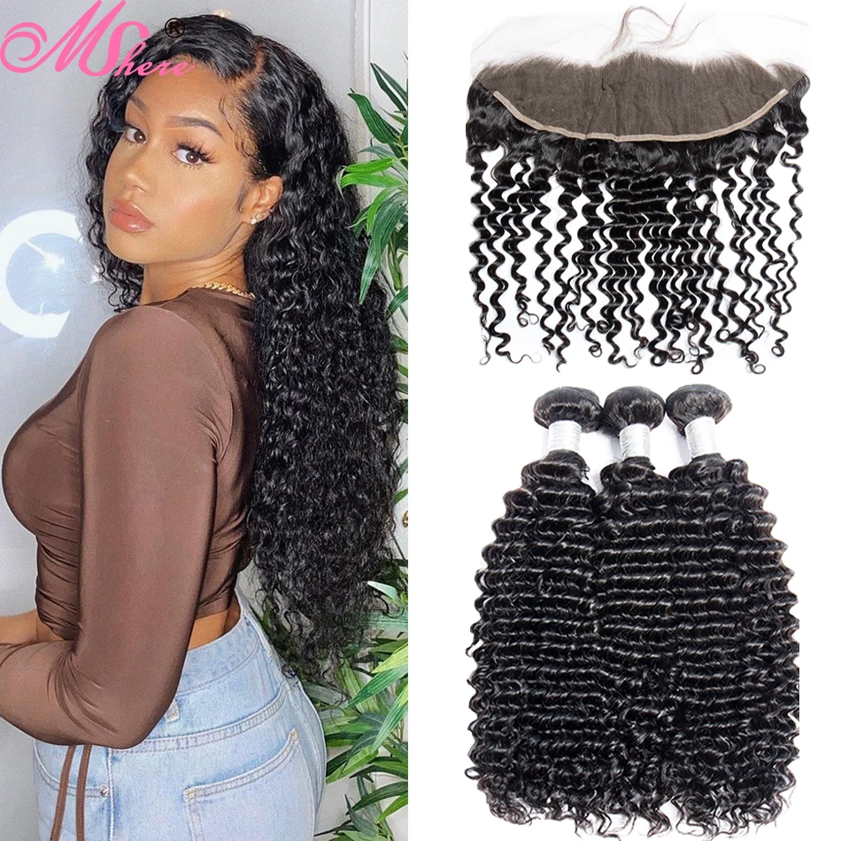 

Mshere Brazilian Curly Wave Bundles With Lace Frontal Closure Remy Human Hair Water Weave 13x4 Lace Frontal With Bundles 30 Inch