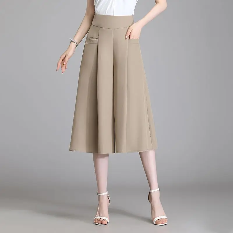 Summer Women Fashion Solid Wide Leg Capris Korean Oversized Skirt Pants Versatile Casual Elastic High Waist Ice Silk Trousers