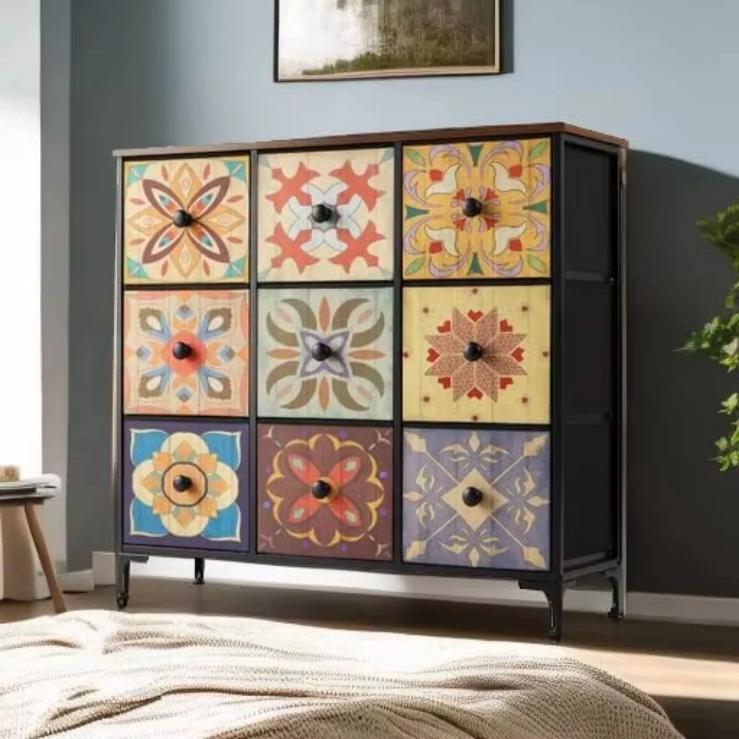 Dresser for Bedroom with 9 Drawers Boho Dressers & Chest of Drawers Fabric 9 Drawer Dresser for Closet, Entryway, Wooden Top 2