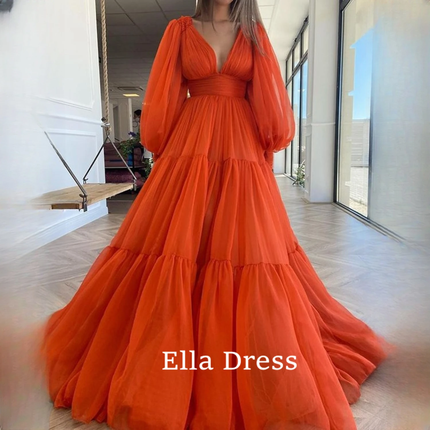 

Ella Long Puff Sleeve Ball Gown V Neck Pleated Chiffon Princess Evening Gown Women's Party Dress Plus Size Bride Dresses Prom