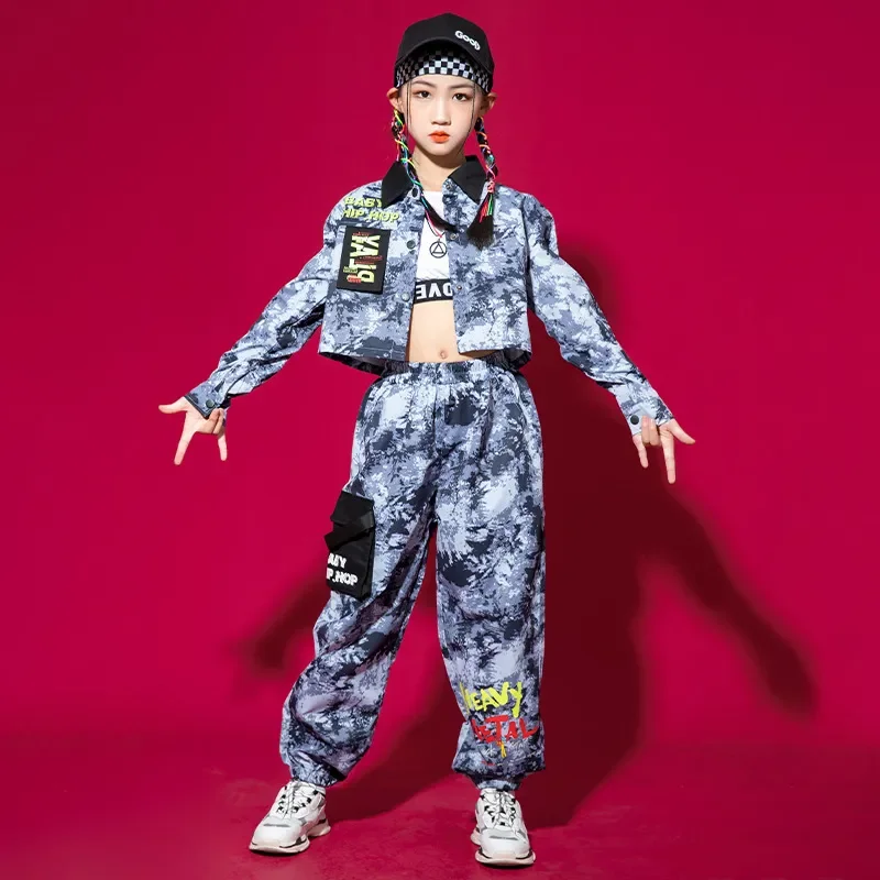 

Camouflage Crop Top Shirt Streetwear Strap Cargo Jogger Pants for Girl Boy Jazz Dance Costume Clothes Kid Kpop Hip Hop Clothing