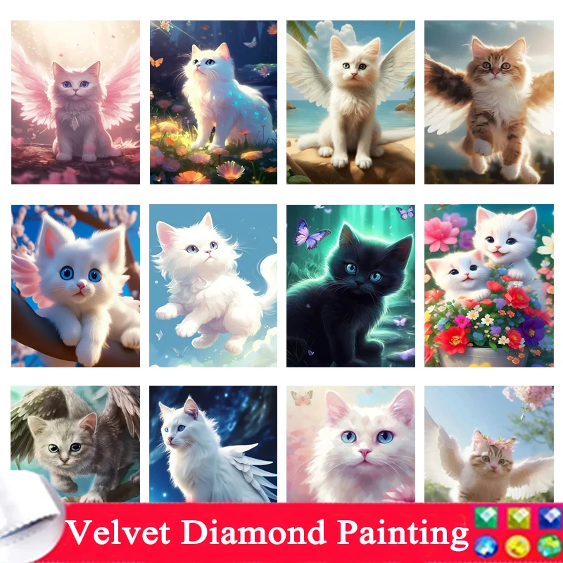 Pittura Diamante Diy Fantasy Angel White Cat Feather Wings Leaping Cute Cartoon Mosaic Cross Stitch Kit Bambini Bedroom Decor 8