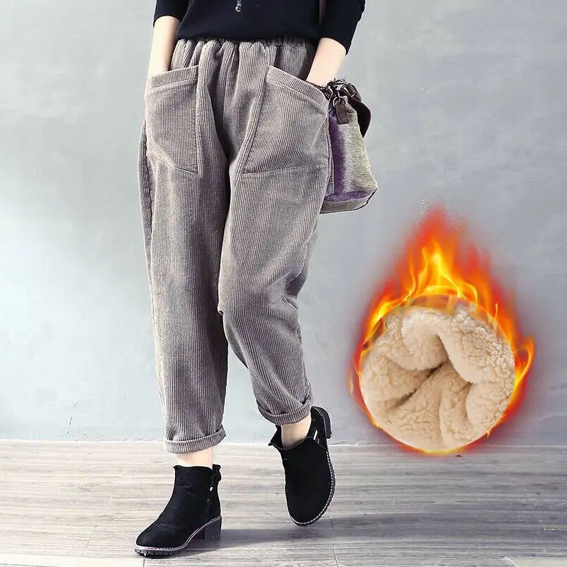 2023 Autumn and Winter Women's Velvet/Non Velvet Striped High Waist Radish Loose Solid Casual Harlan Fashion Elegant Pants