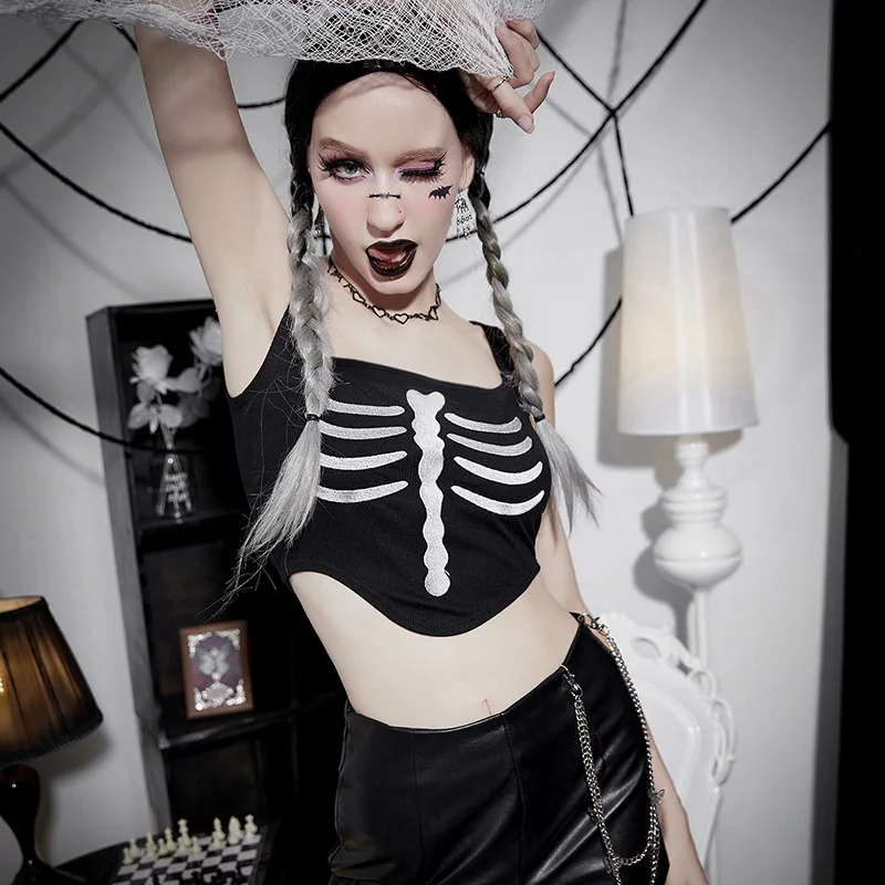 

Summer 2023 New Gothic Style Spice Girl Slim Ribbed Tank Top Back Tie Camisole Tank Top Women