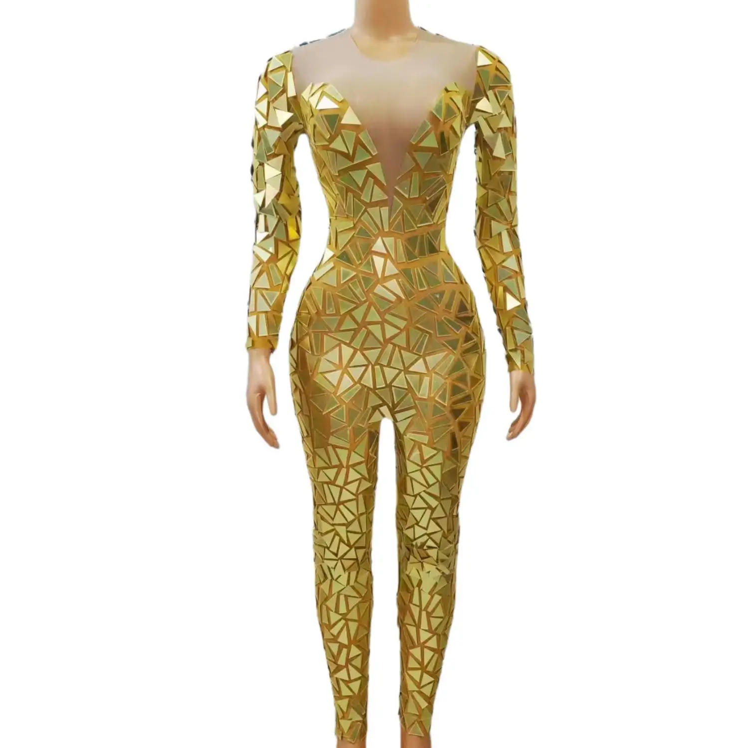 

Flashing Full Mirrors Leggings Unitard Long Sleeves Jumpsuit Birthday Celebrate Costume Evening Women Dance Bodysuit Xiaojing