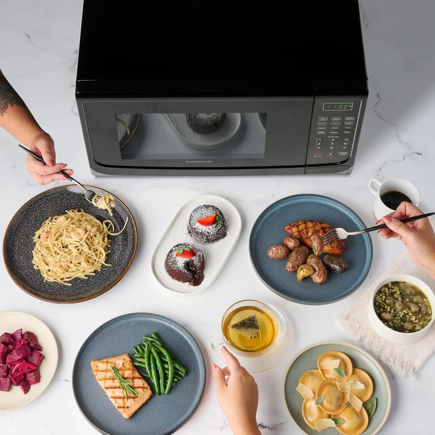NEW Compact Countertop Microwave Oven 1.1 Cu. Ft. 1100-Watt with LED Lighting, Child Lock, Easy Clean Grey Interior, Black 6