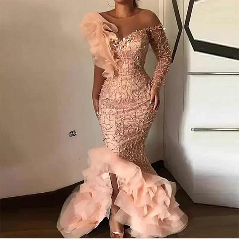 

Blush Pink Prom Dresses for Women Beaded Lace Appliqued One Shoulder Mermaid Ruffles Formal Occasion Vestidos Para Mujer فستان