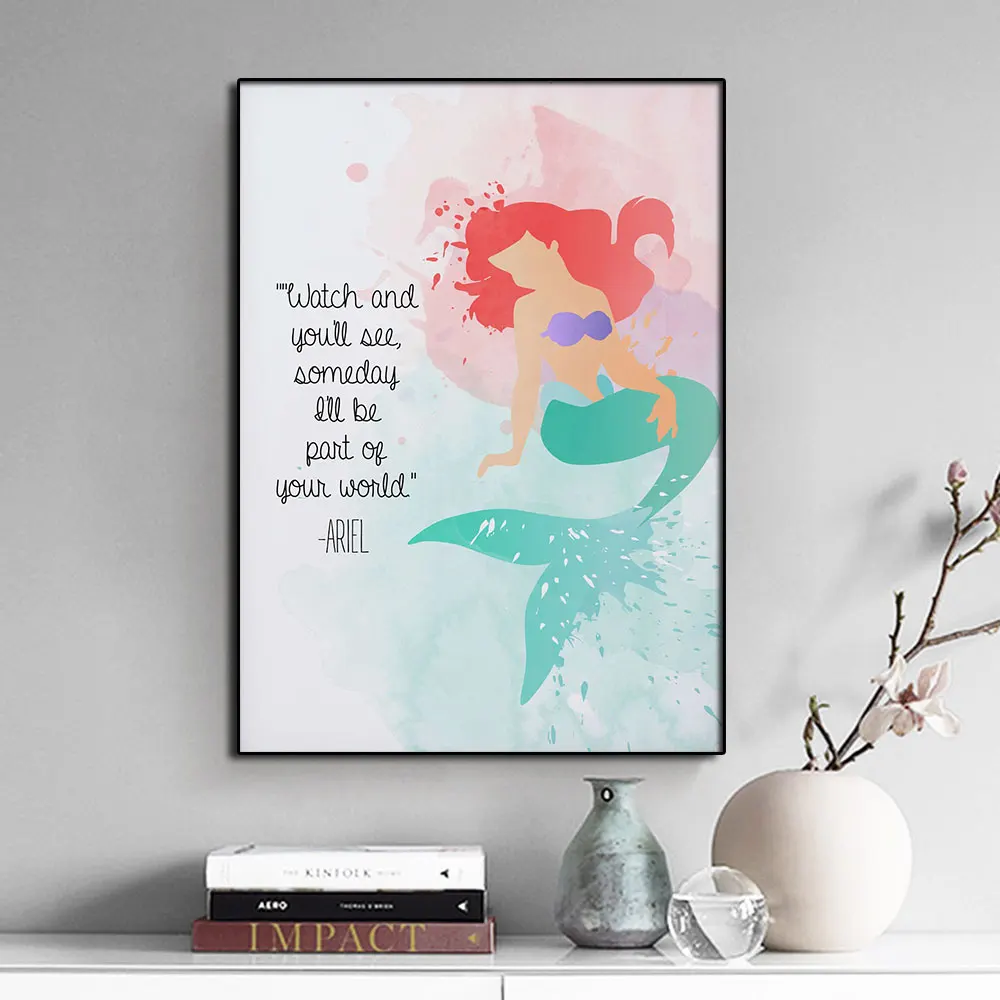 

Watercolor Mermaid Canvas Paintings Decorative Disney Movie Quote Poster Print Wall Art for Lving Room Interior Home Decoration