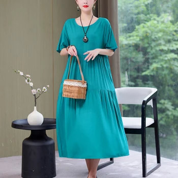 Neue Mode lässige Sommerkleider für Frauen lose Plus Size Kleidung elegante solide O-Ausschnitt Kurzarm Frau Kleidung — изображение 4