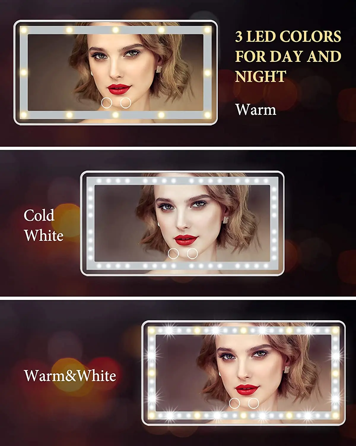 Car LED Makeup Mirror Sun Visor Vanity HD Mirror 3 Modes Cold Warm Dimmable Cosmetic Mirror USB Rechargeable Touch Screen Mirror