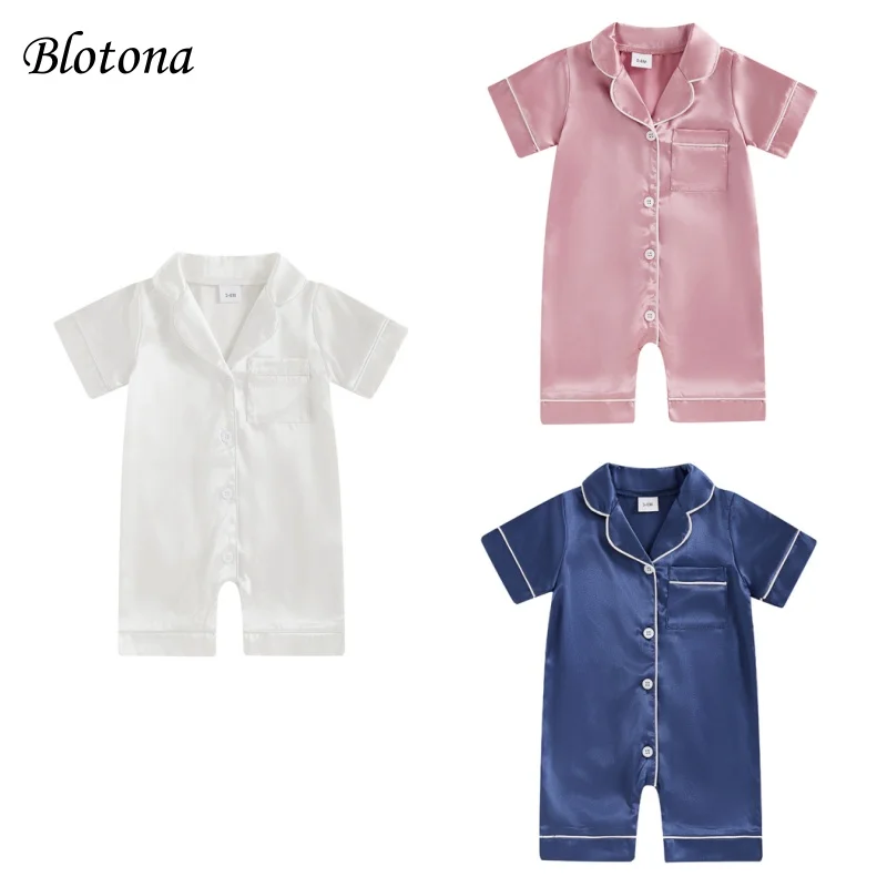 Blotona Baby Boy Girl Satin Pajama Short Sleeve Button-up Solid Color Jumpsuit Cute Toddler Sleepwear
