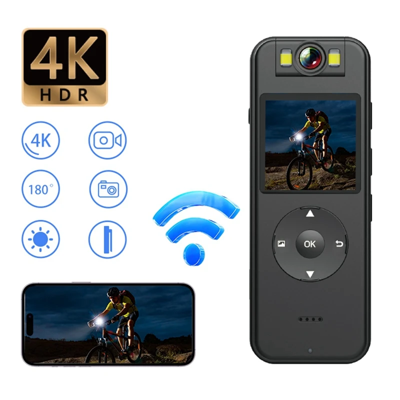 Mini cámara 4K WIFI con Clip trasero, Kit de cámara corporal Full HD con pantalla IPS, videocámara de cuerpo de bolsillo usable con tarjeta Menmry de 64G