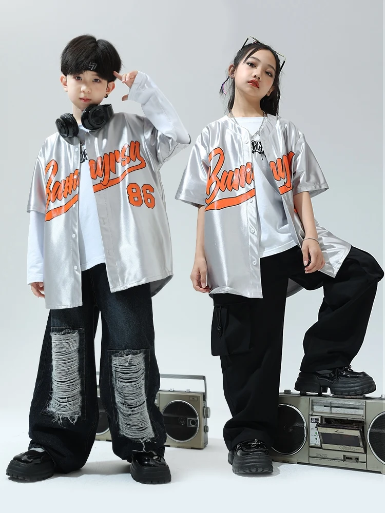 Children'S Trendy Clothing For Boys Bright Silver Baseball Suit Girls Jazz Hiphop Dance Performance Stage Costumes DQS14357