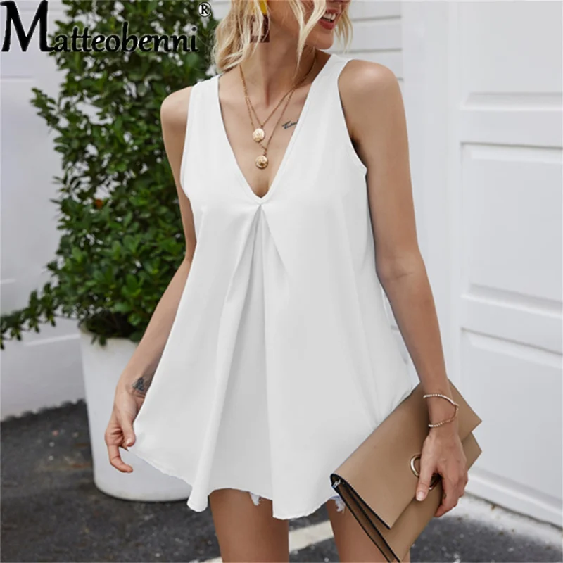 2022 Summer Chiffon Women Shirt Tops Sexy Halter Woman Sleeveless Solid Loose Tank Tops Female V-Neck Folds Basic White Vest womens cami