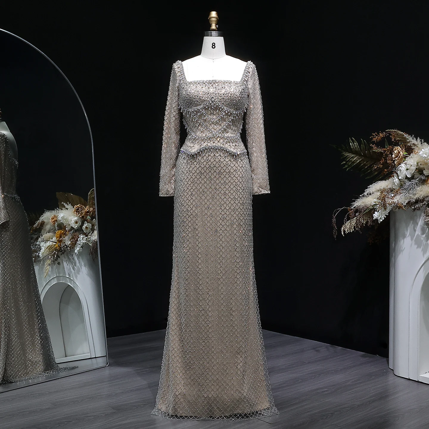 Sharon Said Long Sleeve Mermaid Evening Dress Luxury Beaded Square Collar  Formal Occasion Party Gown for Women SS633 Customized - AliExpress 320