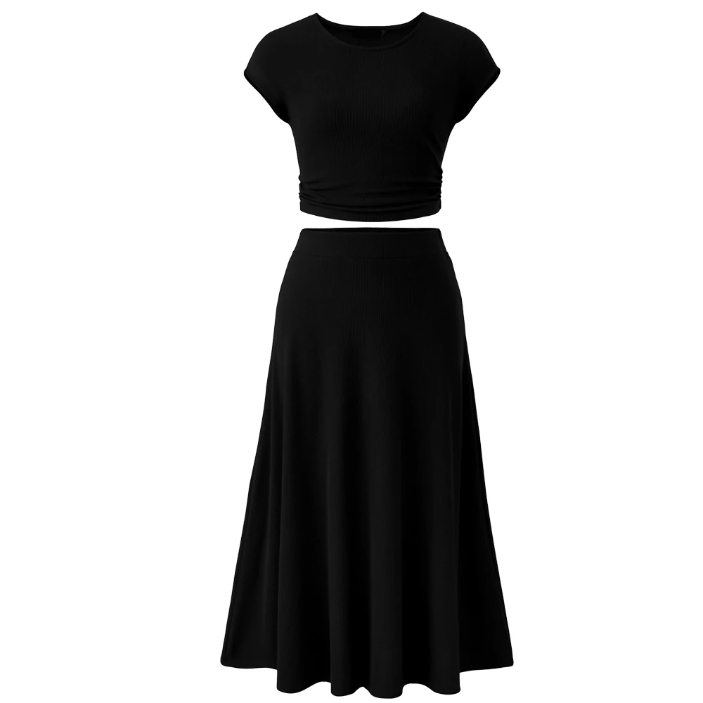 thumbnail image 1 of Conjunto de 2 piezas de falda superior para mujer, de punto acanalado, cuello redondo, manga corta, top corto, cintura elástica, faldas midi con vuelo para fiesta de Halloween, 1 of 4