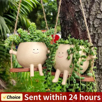 Flower Pot Wall Planter Swing Face Planter Pot Resin Smiling Face Planter Creative Wall Hanging Head Planter Garden Accessories