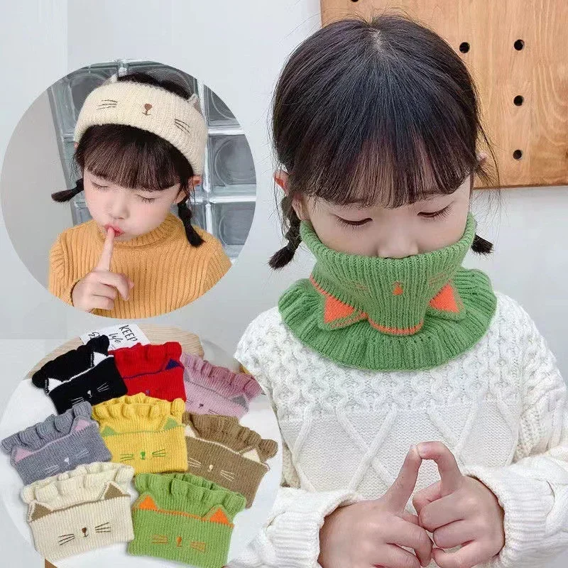 New Warmer Baby Knitted Scarf Cute Cartoon Cat Ruffle Neck Girls Kids Warm Collar Circle Outdoor Winter Scarf