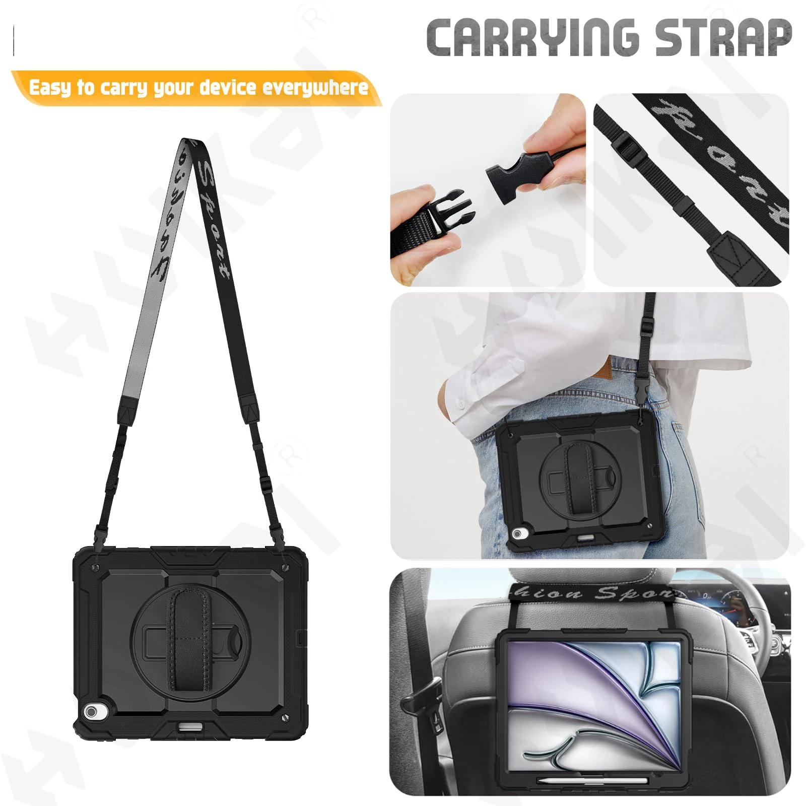 Heavy Duty Rotating Shockproof Tablet Case with Stand & Hand/Shoulder Strap - Black