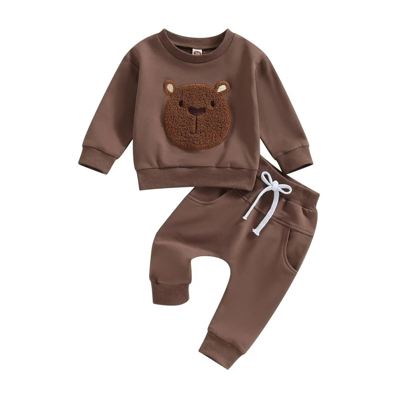Unisex Baby Autumn/Winter Warm 2-Piece Set: Cute Bear Pattern Top & Drawstring Pants Stylish Casual Outfit for Boys & Girls 3