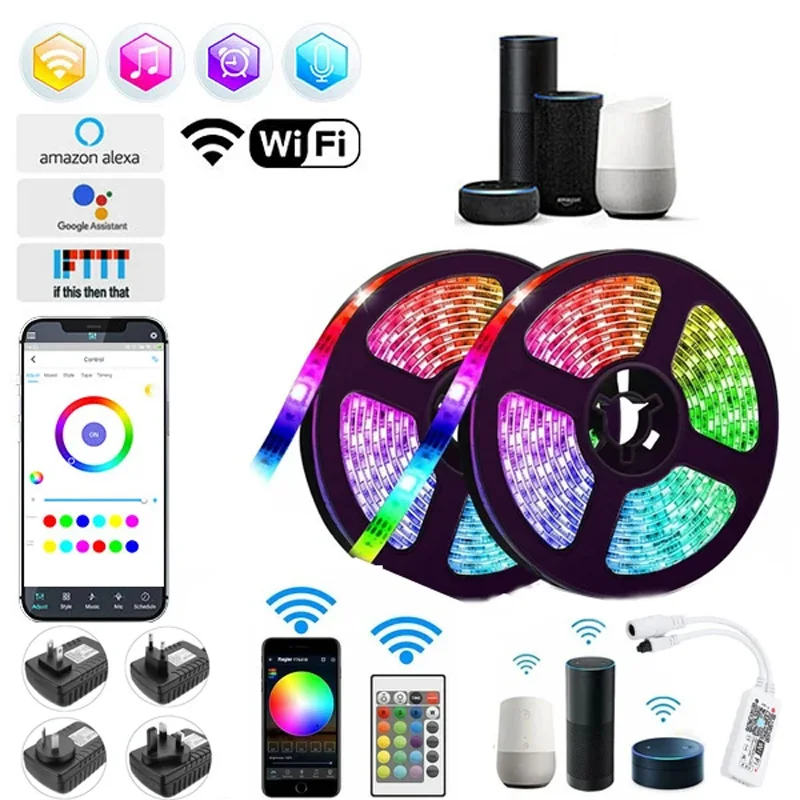 5050 RGB WIFI LED Strip Lights 20M Led Light Alexa Wifi Flexible Tape LED Diode Ribbon For Room Decoration BackLight For TV dc12v 24v led strip 5m 10m 2835 ribbon diode tape 120 240leds m flexible led lights warm cool white waterproof tv backlight