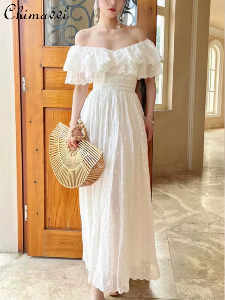 

Summer 2024 French Elegant Casual Style Dot Lace Ruffled Off Shoulder V-neck High Waist A-Line White Long Fairy Dress Women