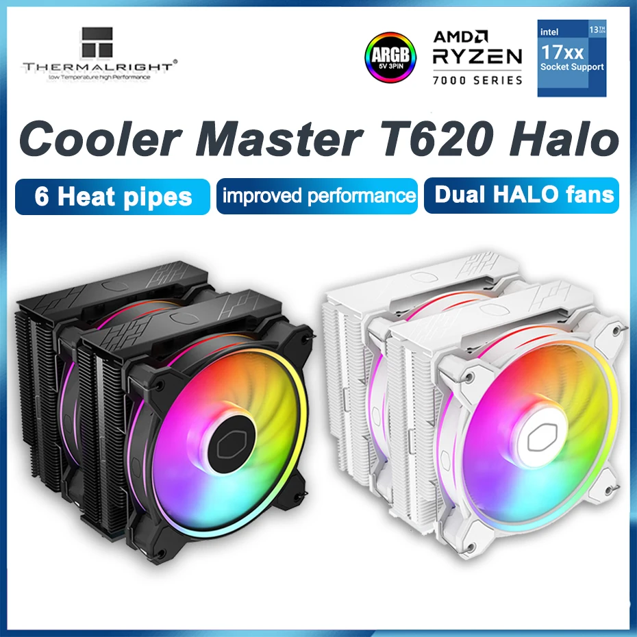 Cooler Master T620 Halo Double Tower 6 Heat Pipe Cpu Cooler Halo Argb Fan Radiatore Raffreddato Ad Aria Per Lga1700 1200 115X Am4 Am5