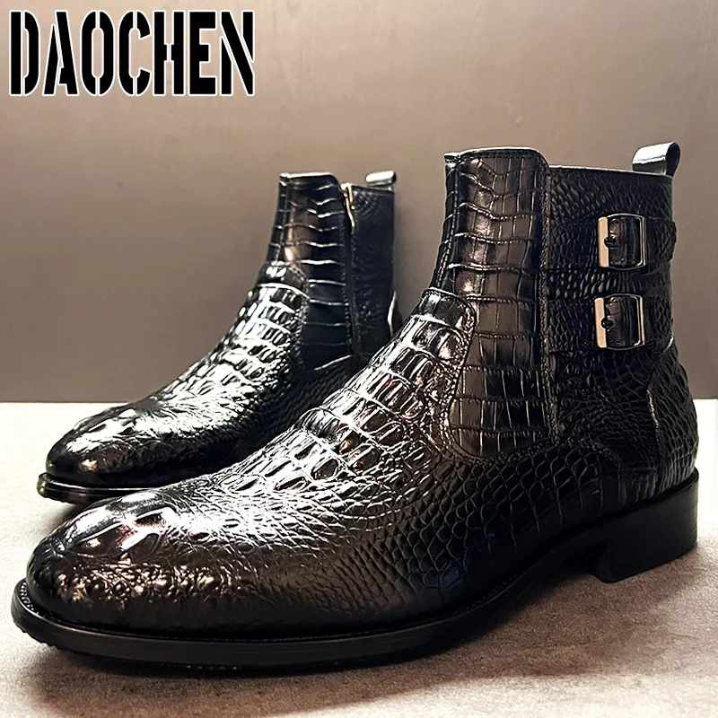 Luxury Genuine Leather Ankle Boots | Men's Zipper Genuine Leather Boots - Print Boot Men - Aliexpress