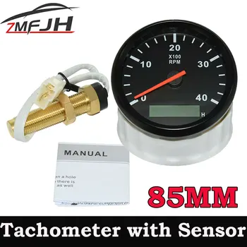 AD 85MM Diesel Engine Tachometer 0-4000RPM Digital LCD Hour meter+M16 /M18 RPM Sensor for Car Boat Motorcycle with Red Backlight 1