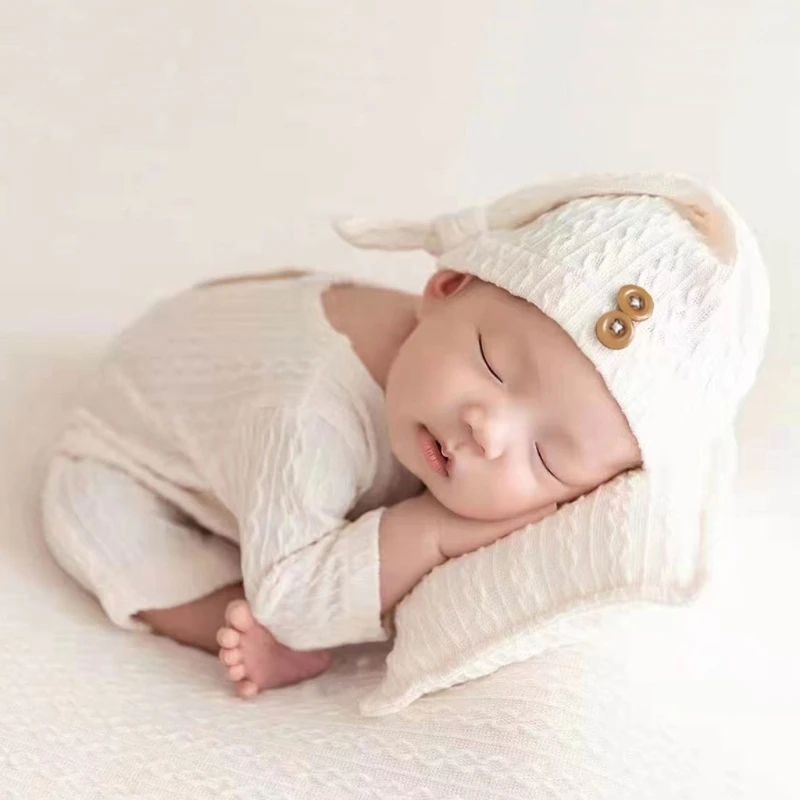 

Baby Long Tail Hat & Knitwear Bodysuit Outfit Newborns Photo Props Baby Photoshoot Jumpsuit Infant Skin-Friendly Suit