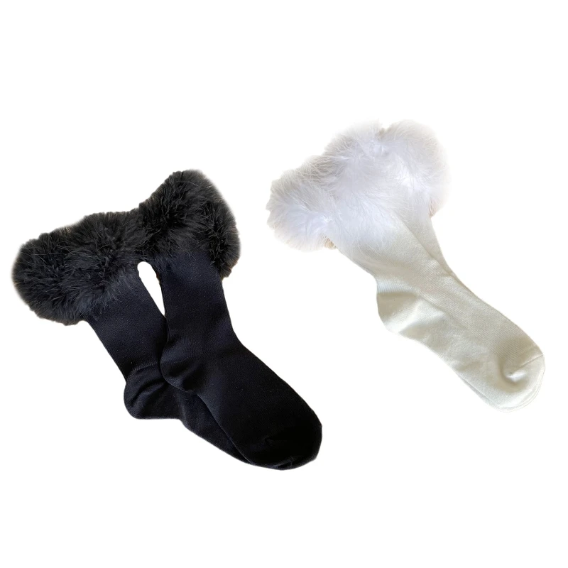 

Women Girls Winter Ribbed Cotton Calf Socks Harajuku Japanese Sweet Furry Fake Feather Princess