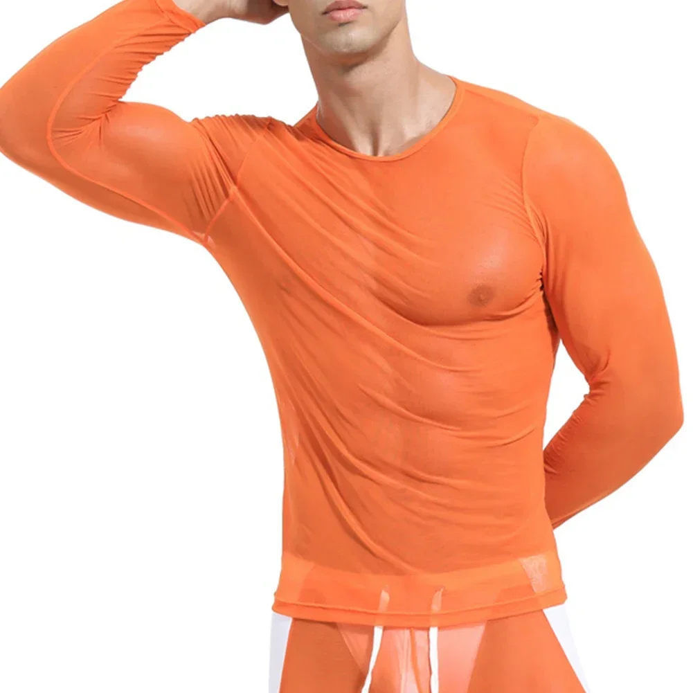 Men Mesh See Through Elastic Sport Tops Long Sleeve Top T-Shirt Sheer Tights Sexy Undershirt Fitness Muscle Gay Clothes Clubwear