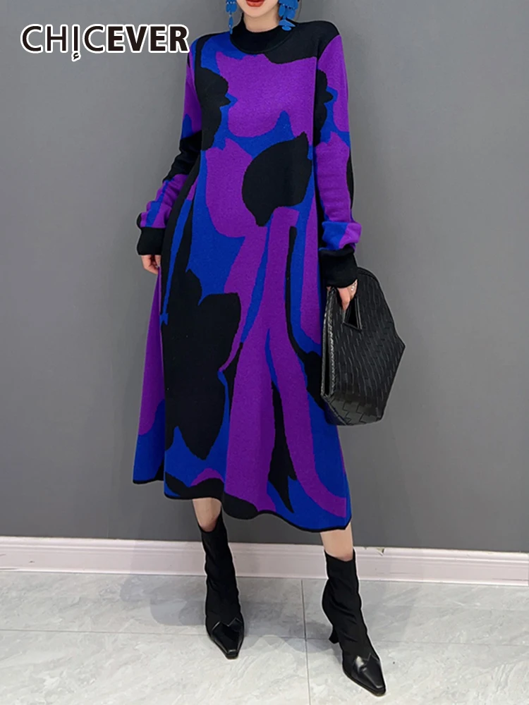 

CHICEVER Colorblock Knitting Dresses For Women Round Neck Long Sleeve Korean Vintage Casual Midi Dress Female Autumn Clothing